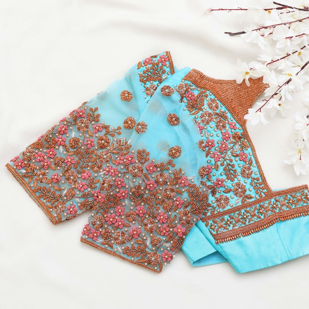 Turquoise Blue embroidery blouse Stitching