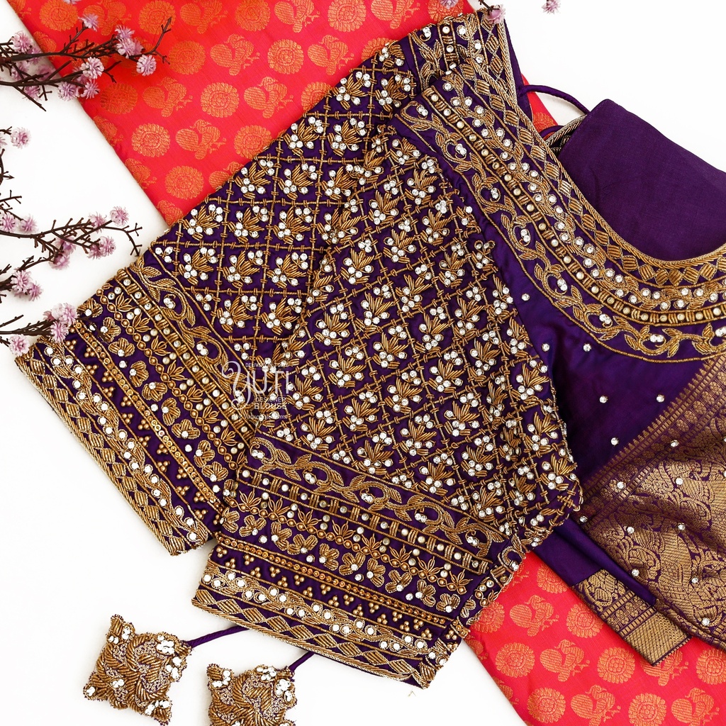 Voilet Checked Zardosi Design Stitching