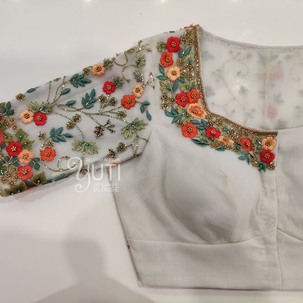 White Floral Thread Design Stitching