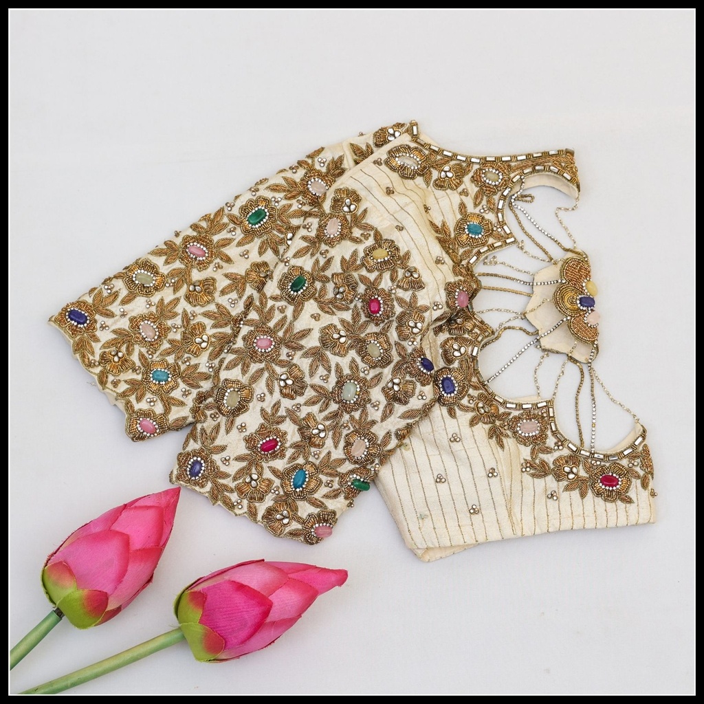 White Floral gemstone design Stitching