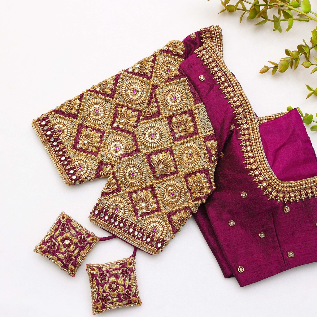 Wine Berry embroidery blouse Stitching