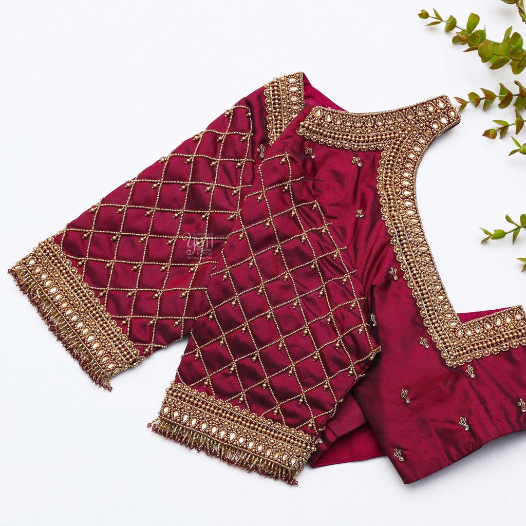 Wine Red embroidery bridal blouse Stitching