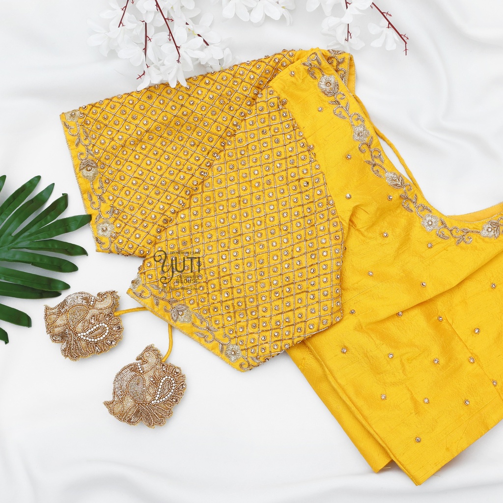 Yellow checks with floral design Stitching