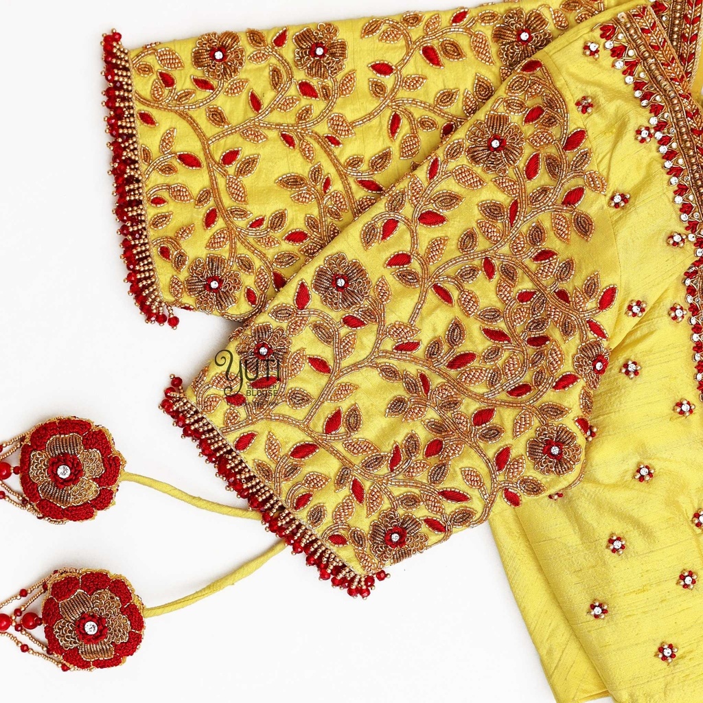 Yellow creeped floral bridal blouse Stitching