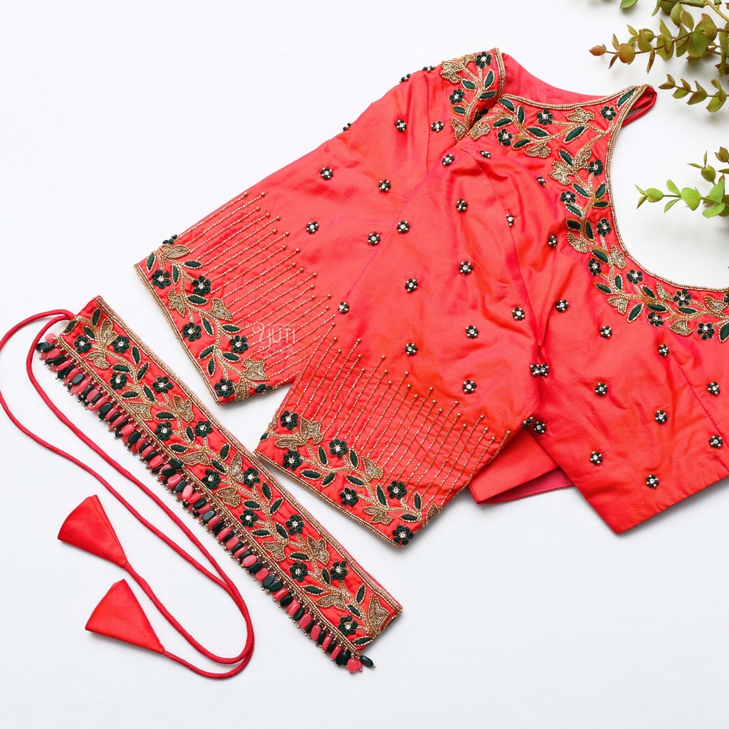 featuring stunning orange and pink shade color embroidery  bridal blouse Stitching