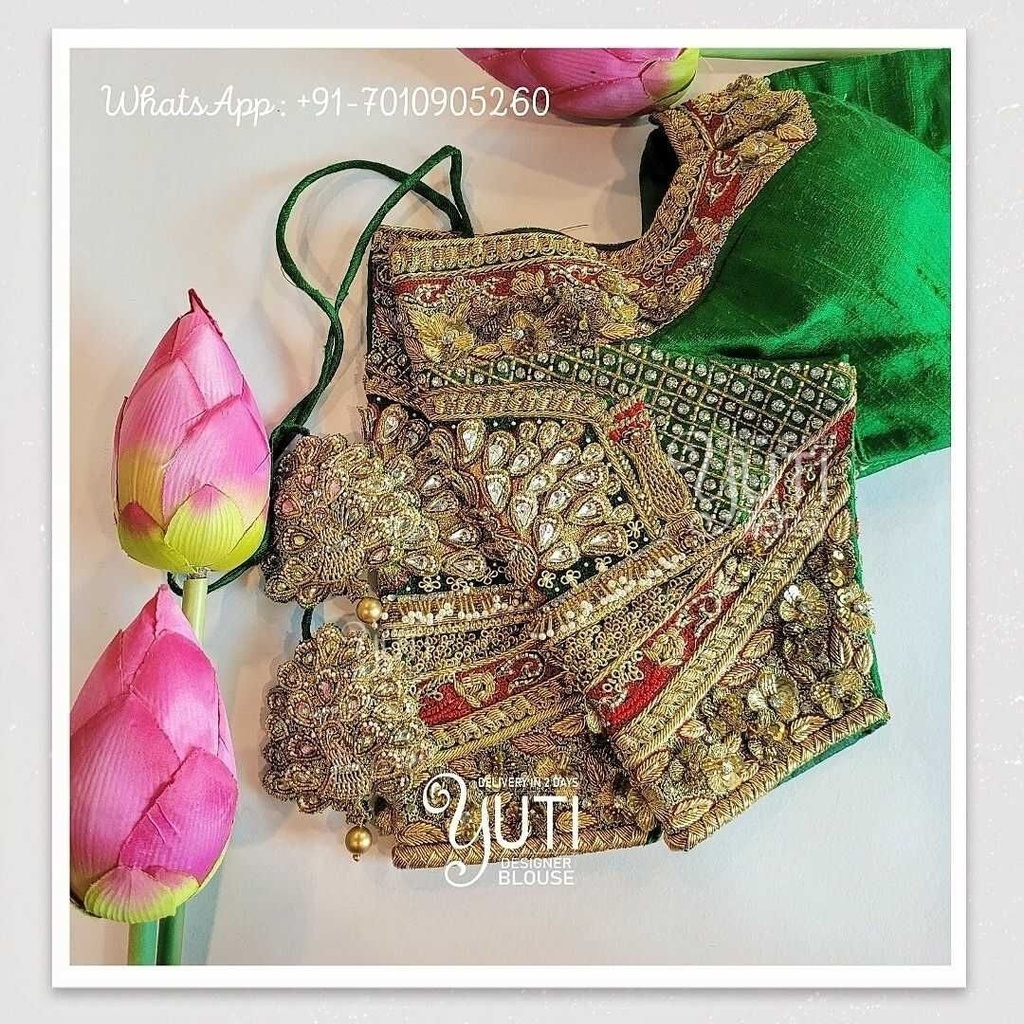 green floral 3D work and  checked design with peacock  Stitching