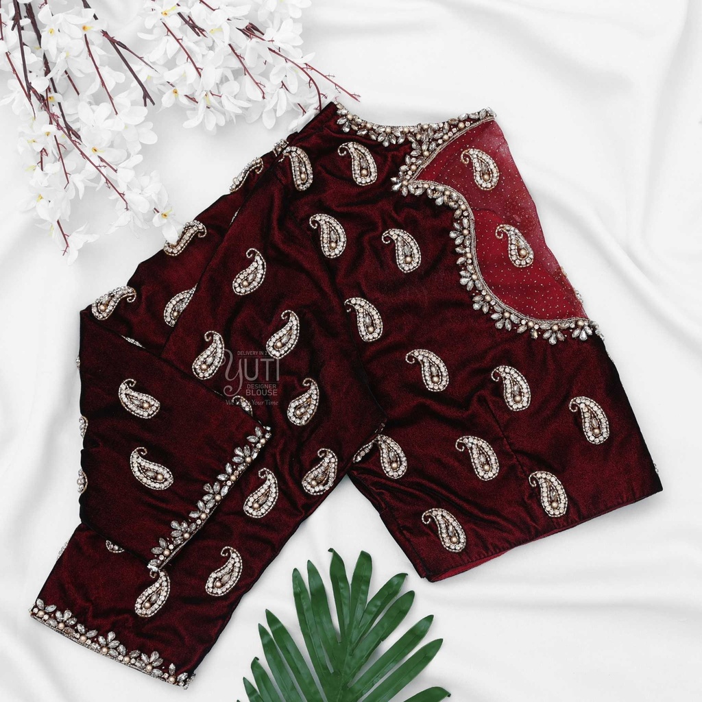 maroon velvet mango motif design Stitching