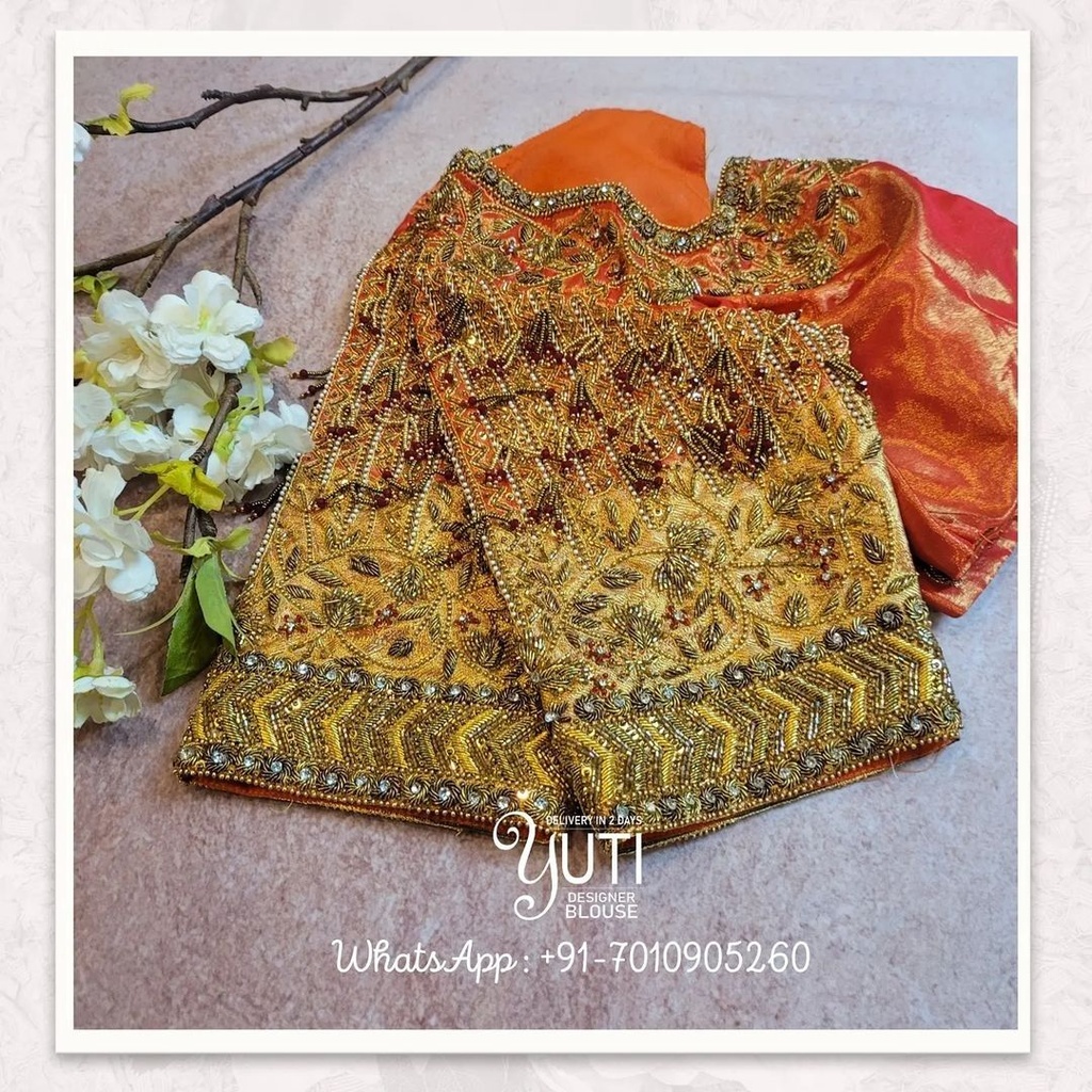 orange floral, line design with bead hanging  Stitching