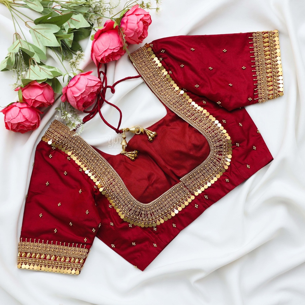 stunning red bridal blouse designs with intricate gold embroidery Stitching