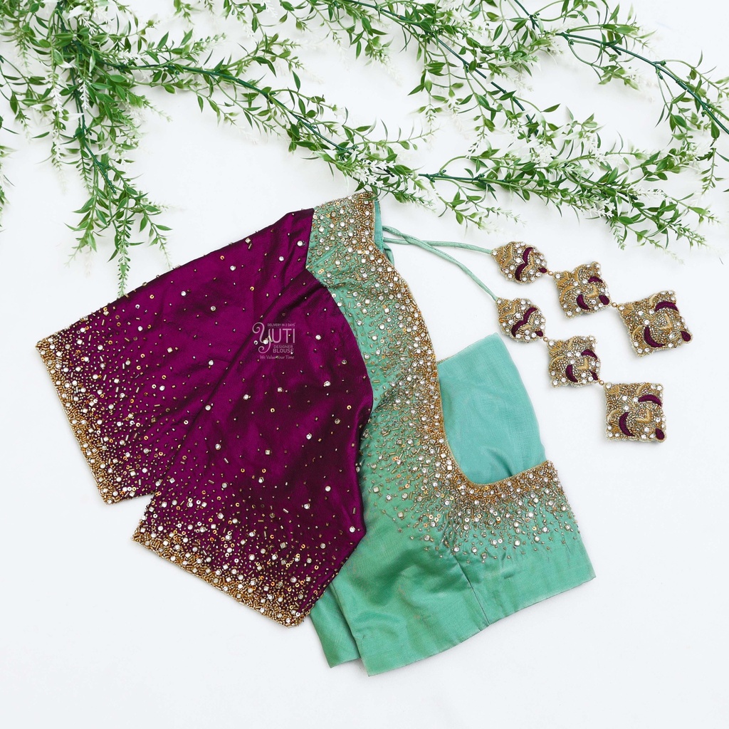 the exquisite Green Pea embroidery blouse. Stitching