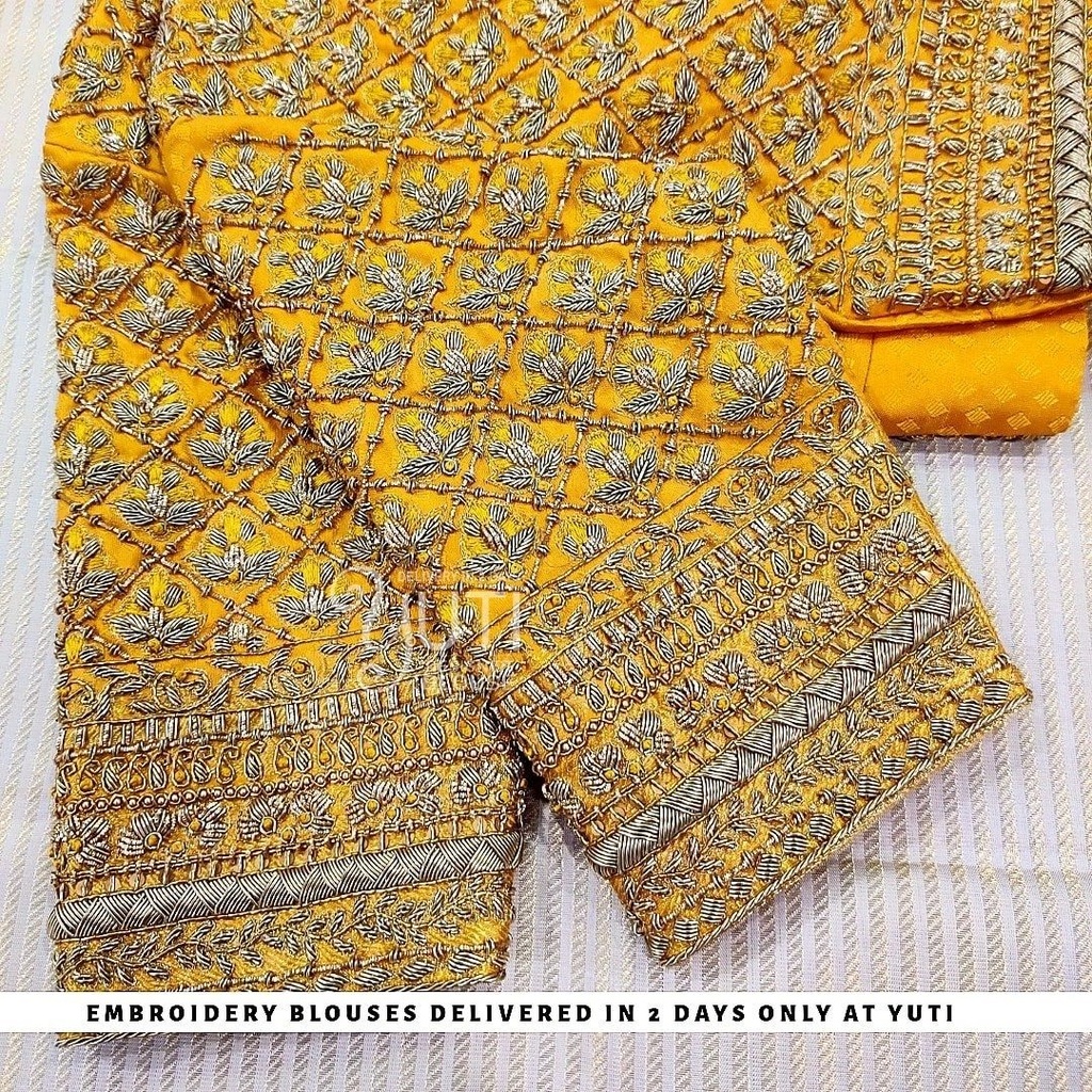 yellow checked design with floral Stitching