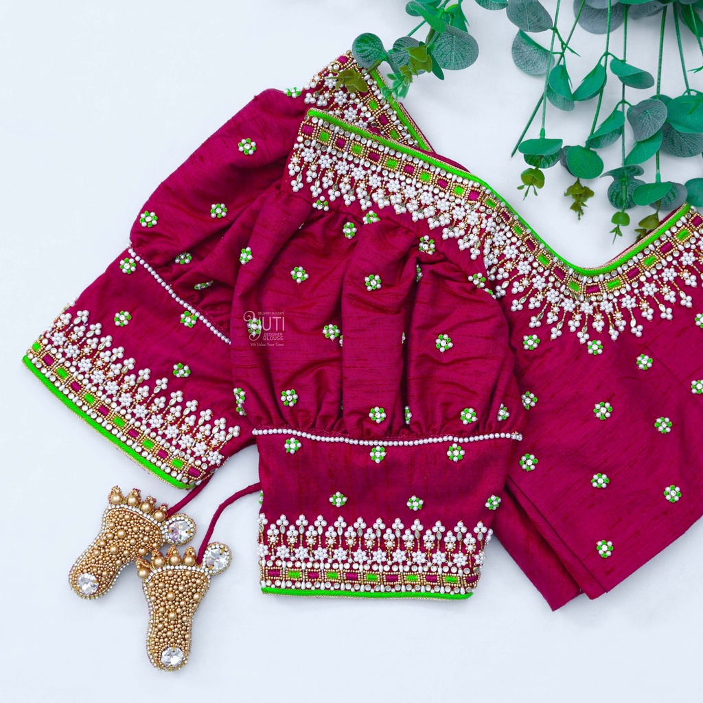 Feeling powerful and stylish in my new purple red aari work blouse! Stitching