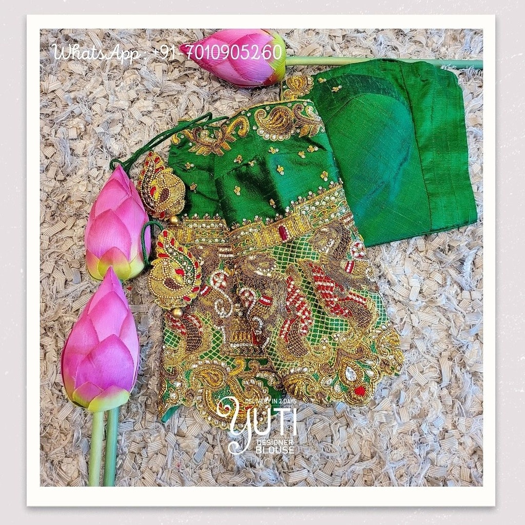 Green Floral Design with mango and annam design Stitching