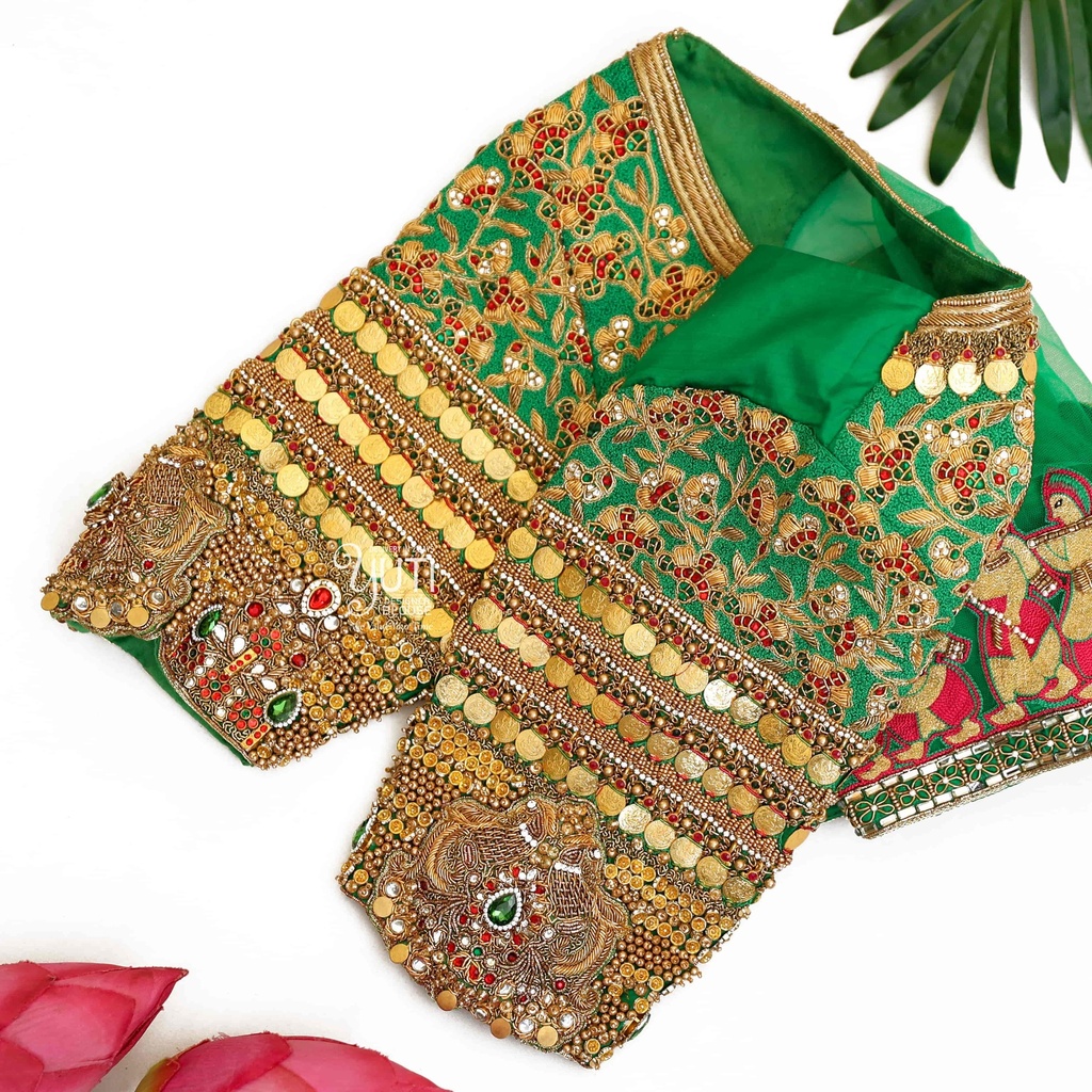 Green blouse coin work and palanquin Stitching