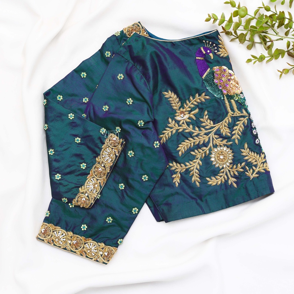 Dark Grey Blue hand embroidery bridal blouse