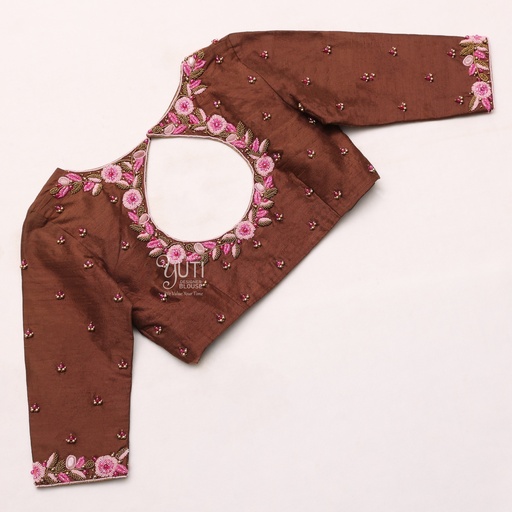 Embroidered Cotton Silk Blouse in Dark |  SIZE 38 (adjustable up to 34 - 40) Stitching