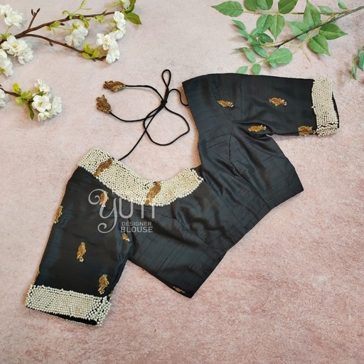 Black pearl Border Design with peacock motif Stitching