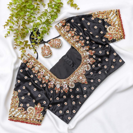 Black shade bridal blouse with a golden Embroidery work Stitching