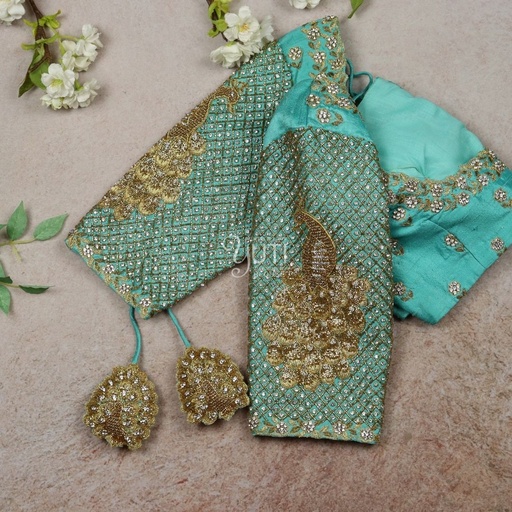 Blue Checks Peacock Design Stitching