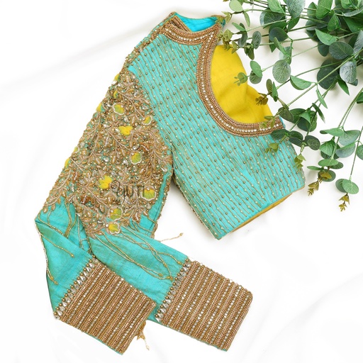 Blue and Yellow Kundan work bridal blouse Stitching