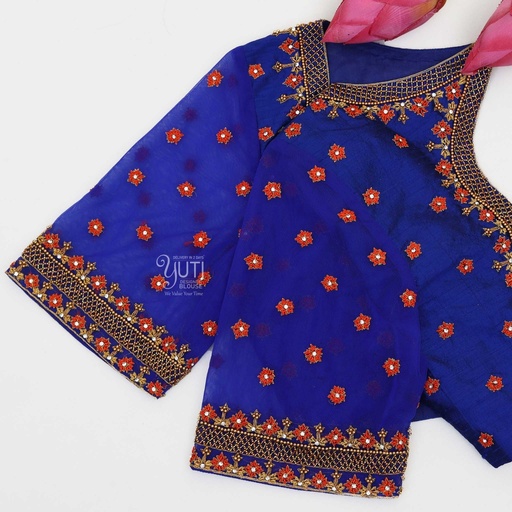 Blue checked floral bridal blouse Stitching