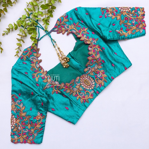 Bridal Green Aari Work Blouse With Pink & Golden Designs|SIZE 32(adjustable up to 28 - 34) Stitching