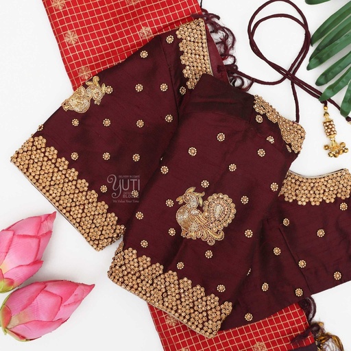 Dark brown peacock motif bridal blouse Stitching