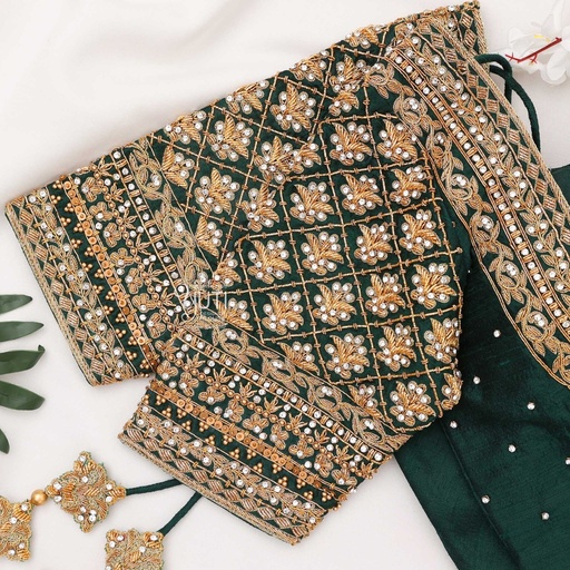 Dark green checked motif bridal blouse Stitching