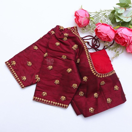 Elegant and chic in this wine red embroidery blouse Stitching