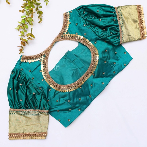 Embodying timeless elegance in this stunning Persian Green Bridal Blouse Stitching