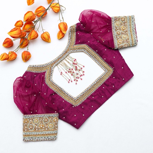 Exquisite Dark Raspberry Aari Bridal Blouse: Stitching