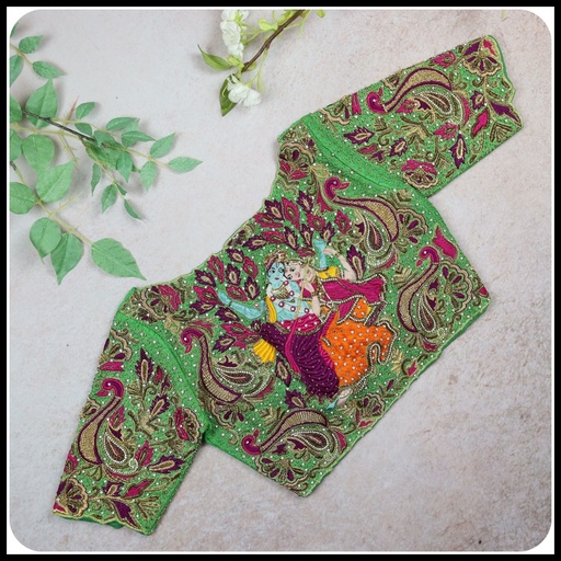 GREEN Floral and radha krishna  design  Stitching