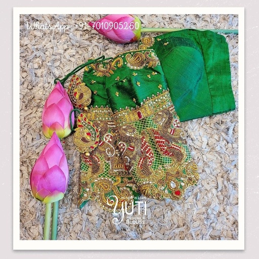 Green Floral Design with mango and annam design Stitching