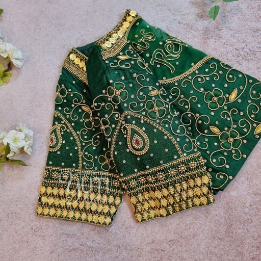 Green Floral coin work Stitching