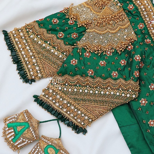 Green Gold and Silver Navratna bridal Blouse Stitching