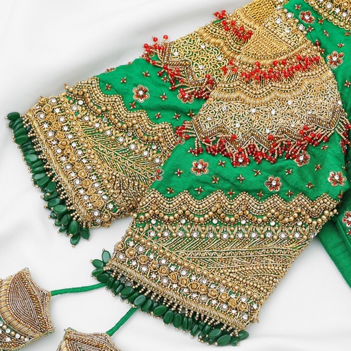 Green Navratna bridal blouse with gem hangings Stitching