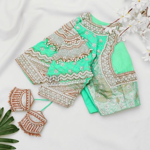Green Navratna silver bridal blouse Stitching