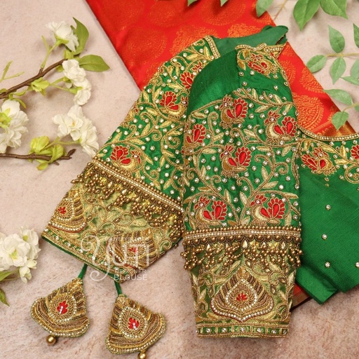 Green Peacock Design with Zari Highlight Stitching