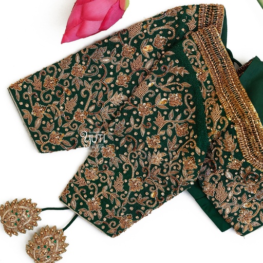 Green Zardosi Floral Design Stitching