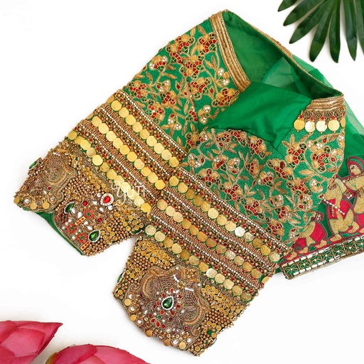 Green blouse coin work and palanquin Stitching