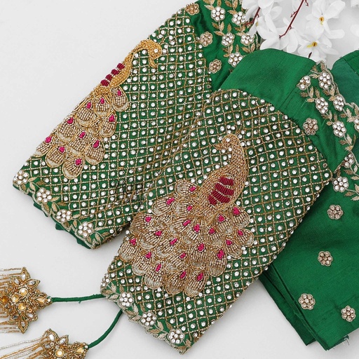 Green checked with peacock bridal blouse Stitching