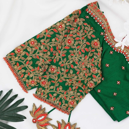Green with orange floral bridal design Stitching