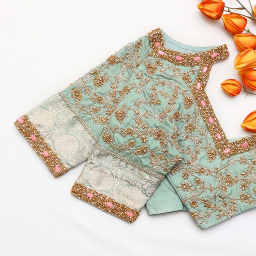 Grey Asparagus embroidery blouse Stitching