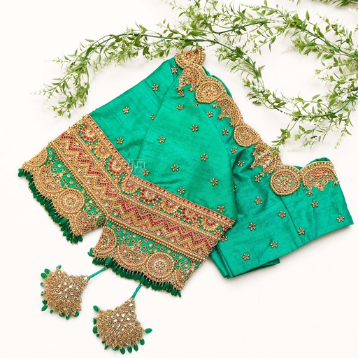 Introducing our exquisite "Green Blue embroidery blouse Stitching
