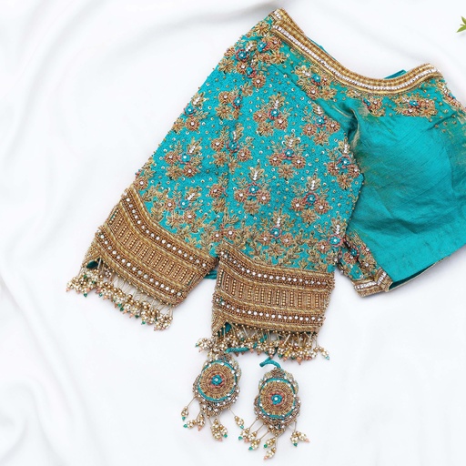 Introducing our exquisitely detailed Eastern Blue embroidery bridal blouse, designed to make you feel like royalty as you walk down the aisle. Stitching