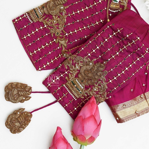 Magenta blouse with vertical line jhumka design Stitching
