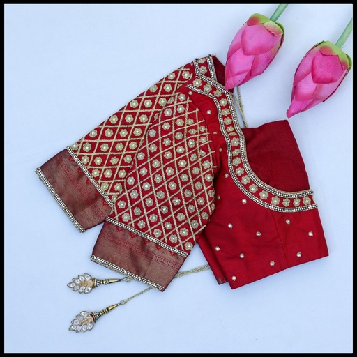 Maroon Checks Floral Design Stitching