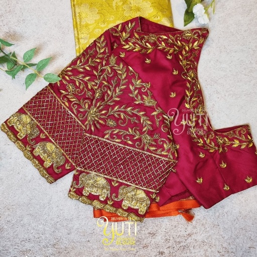 Maroon Floral with Elephant Motif design Stitching