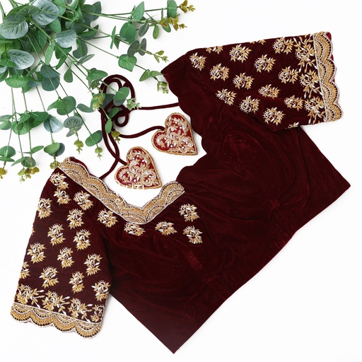 Maroon Velvet Zardosi Scallop work Blouse Stitching