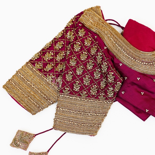 Maroon Zardosi checks bridal blouse Stitching
